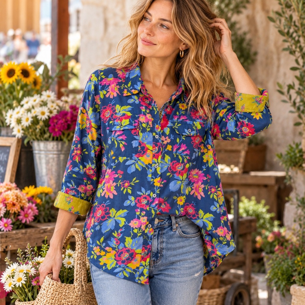 Sundance Womens Colorful Floral Button Down Shirt Sz L Cotton Boho Cottage Artsy